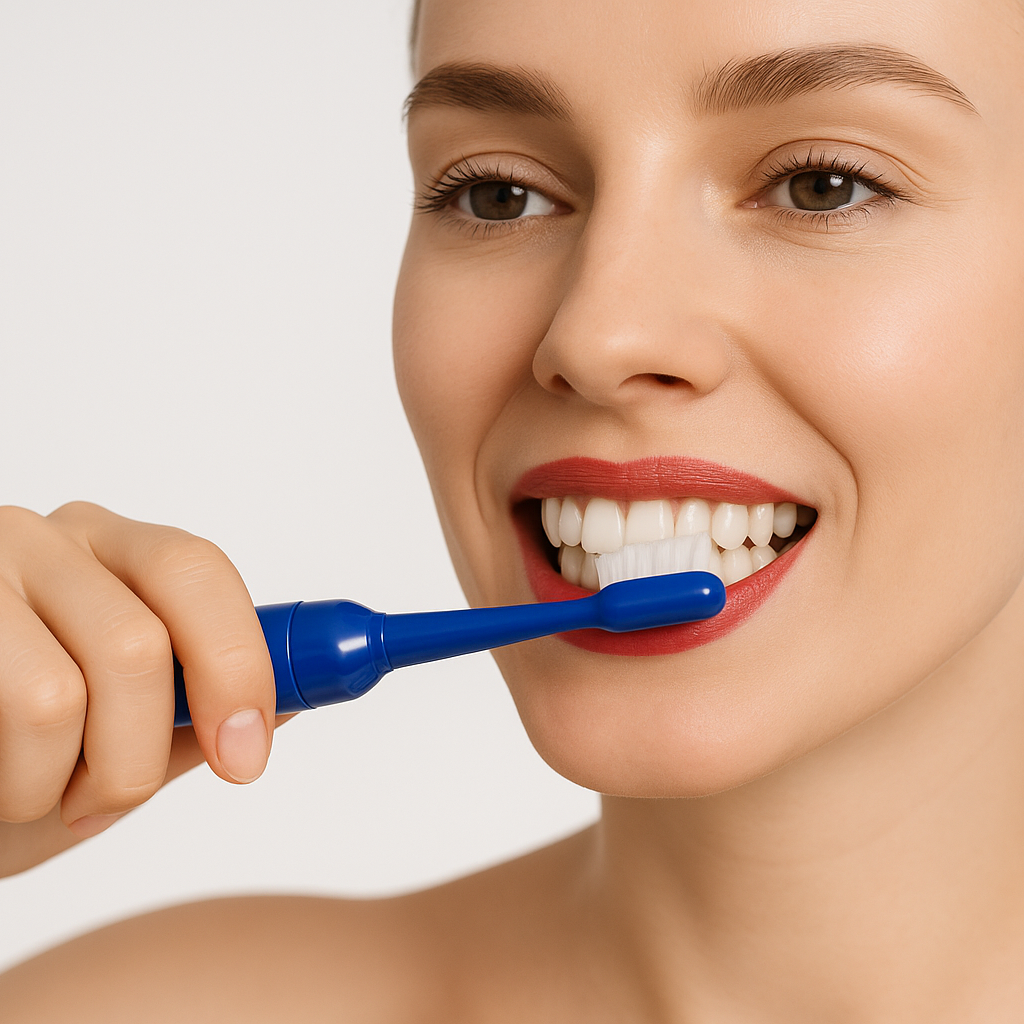 Femme se brossant les dents avec brosse bleue